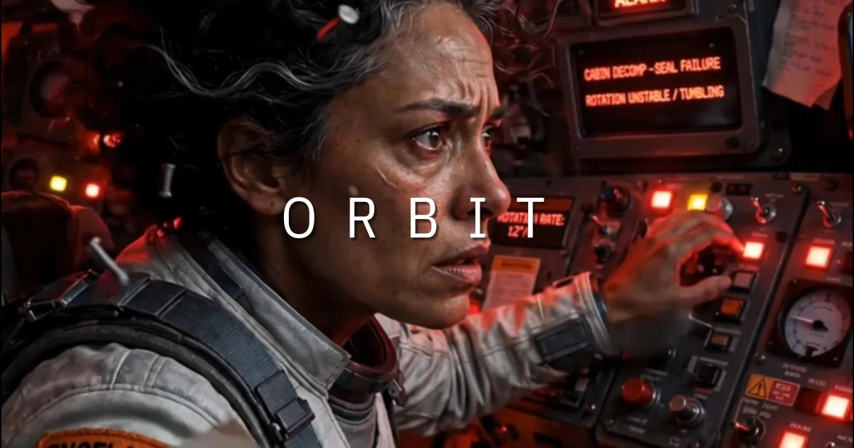A worried astronaut in a white suit reaches for glowing red controls inside a dark cabin, with the word ORBIT over the image.